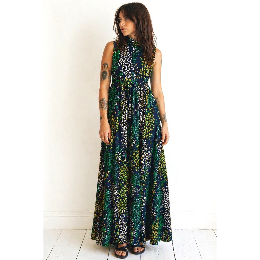 Vintage 60s Cottagecore Romantic Navy Floral Maxi Dress High Neck M